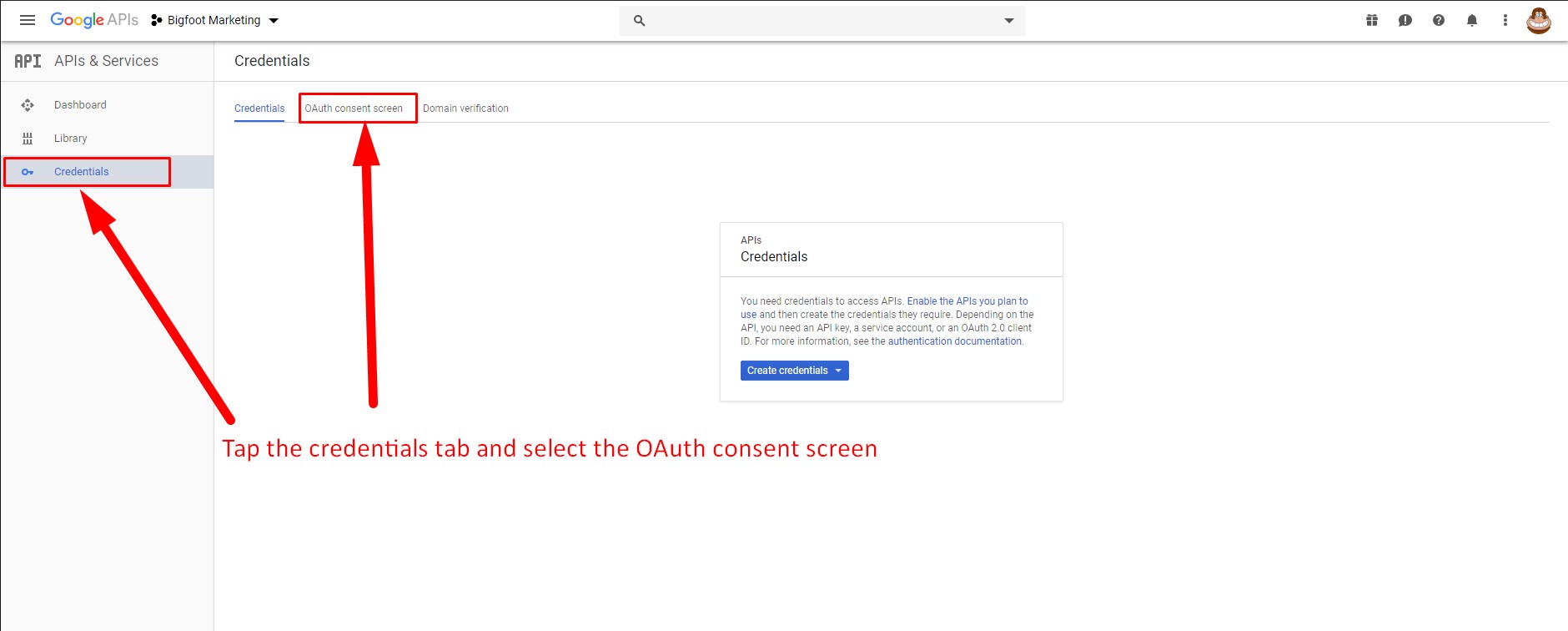 Step 14. Tap Credentials Tab and then OAuth consent screen button Step 14. Tap Credentials Tab and then OAuth consent screen button